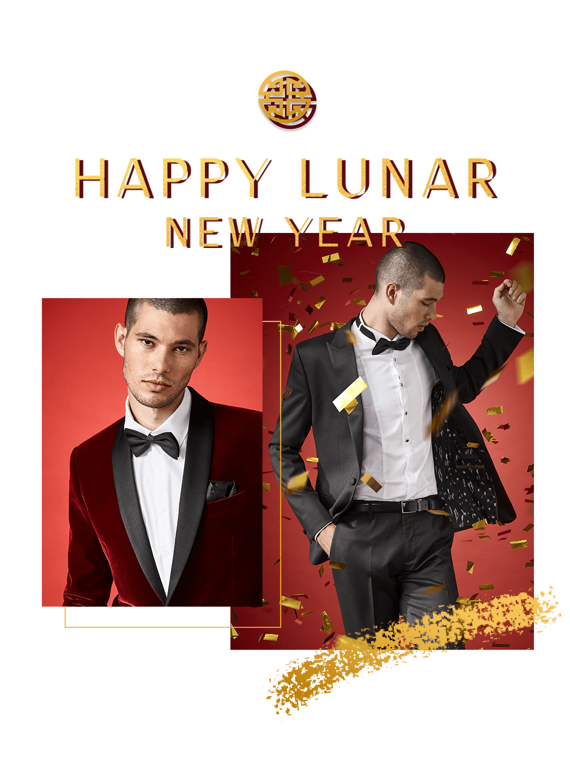 Man in tuxedo, with text: Happy lunar new year