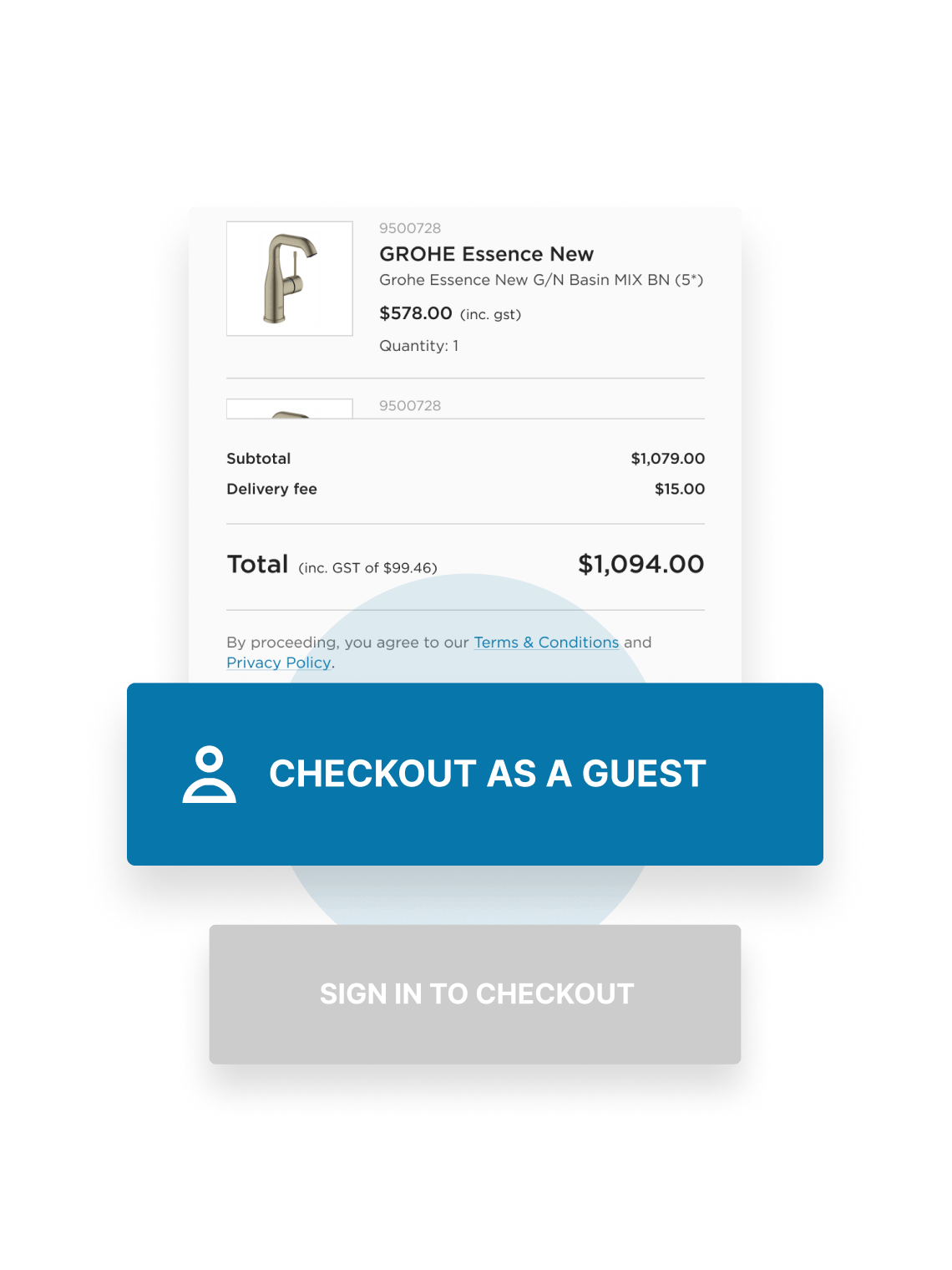 Two buttons with one being highlighted labelled "checkout as guest"